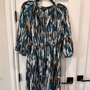 Banana Republic Teal, Brown & White Printed Long-Sleeve Midi Dress